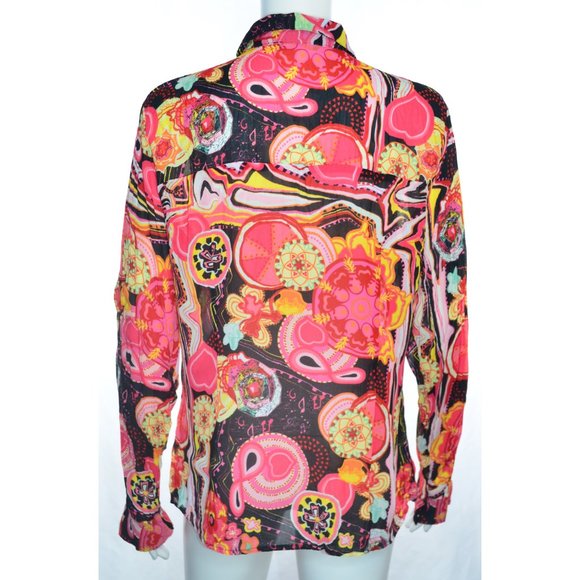 Le Caviar Y2K Music Notes Hearts Geo Print Studs Button Front Crinkle Shirt Sz L - Picture 7 of 9